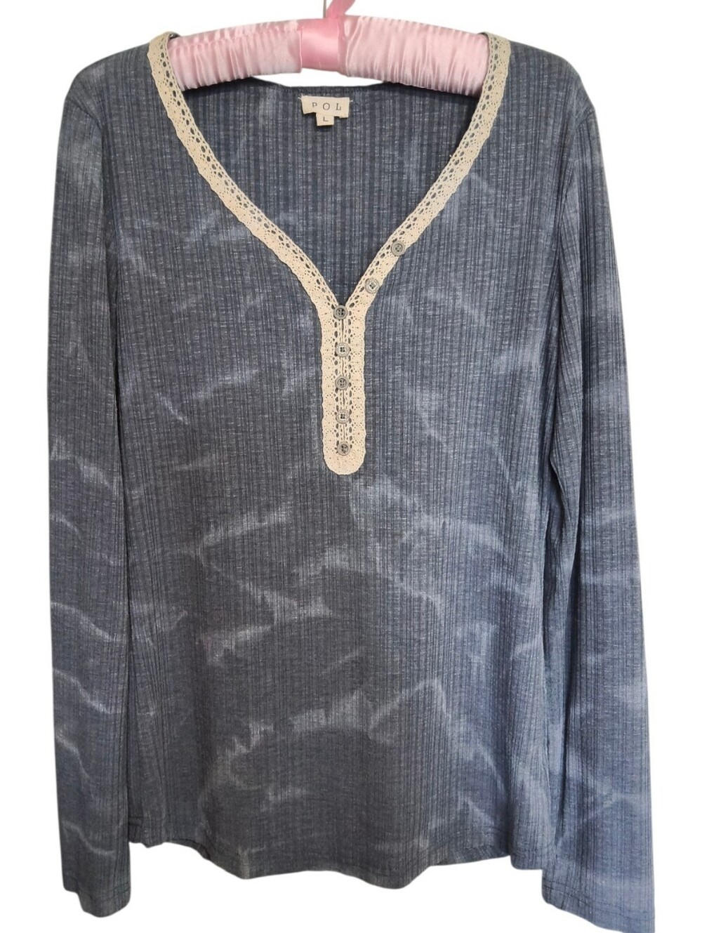 POL Grey Blue Ribbed Boho Henley Top with Lace Crochet Trim BWT681